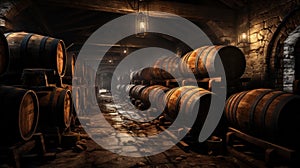 Wine cellar in medieval storage, rows of old wooden barrels. Dark warehouse in underground of winery with vintage oak casks.