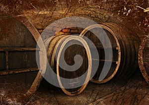 Wine cellar with old oak barrels in vintage style