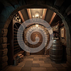 Wine Cellar, Old Winery Storage, Oak Barrels Warehouse, Vintage Bottles Basement, Generative AI Illustration