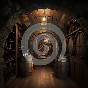 Wine Cellar, Old Winery Storage, Oak Barrels Warehouse, Vintage Bottles Basement, Generative AI Illustration