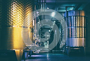 Wine Cellar And Production, Barrels For Wine storage Modern Development Technology Concept. Inside modern wine factory. Noises and