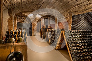 Wine cellar, a row of champagne bottles