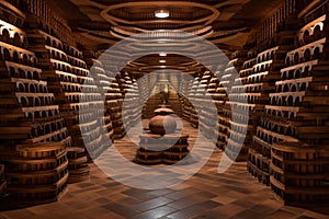 a wine cellar with rows of barrels arranged in a labyrinth pattern