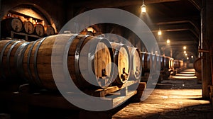 Wine cellar with rows of old wooden barrels, large warehouse in underground of winery. Scenery of vintage oak casks in dark