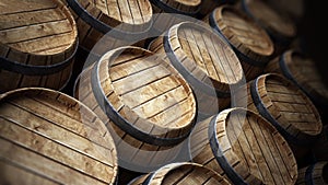 Wine cellar with stack of wooden barrels. 3D illustration