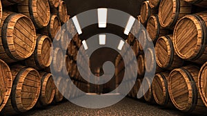 Wine cellar with stack of wooden barrels. 3D illustration