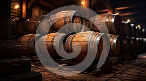 Wine cellar with vintage wooden barrels, old warehouse in underground of winery. Old oak casks with whiskey and rum in dark