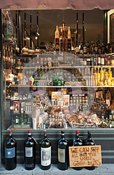 Wine cellar window with large assortment of liquors and wines
