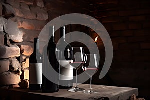 Wine cellar with wine bottle and glasses. Generative AI