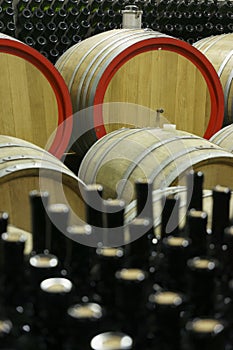 Wine cellar with wooden barrels and filled glass bottles 8