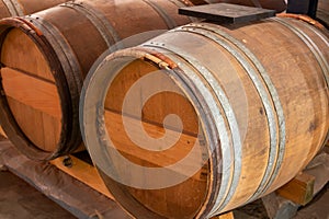 Wine cellar with wooden barrels in old wine domain on Sauternes vineyards in Barsac village affected by Botrytis cinerea noble rot