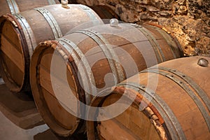 Wine cellar with wooden barrels in old wine domain on Sauternes vineyards in Barsac village affected by Botrytis cinerea noble rot
