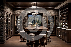 A wine cellar with wooden shelving, climate control, and a tasting area with chic bar stools.