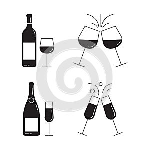 Wine and Champagne bottles with glasses icon set. Cheers sign. Vector illustration.