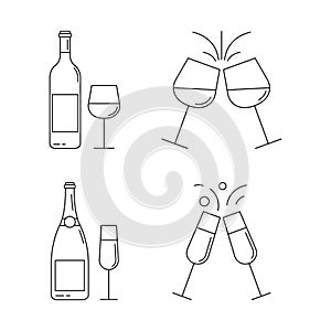 Wine and Champagne bottles with glasses outline icon set. Cheers sign. Vector illustration.