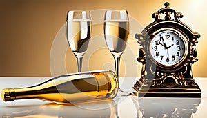 Wine Champagne and clock on table for Party Celebration with simple gold background. Copy Space