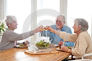 Wine, cheers and senior friends at brunch in home with smile, celebration and bonding in retirement. Food, drinks and