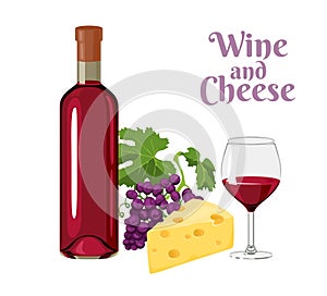 Wine and cheese. A bottle of red wine, a glass, a bunch of dark grapes and a piece of cheese