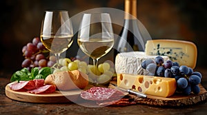 Wine, cheese, salami and bread on a wooden table.