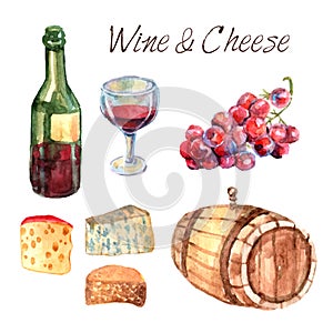 Wine and cheese watercolor pictograms set