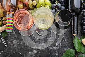 Wine choice degustation tasting. White wine rose red types wine in glasses and bottles. Different varieties grapes. Wine