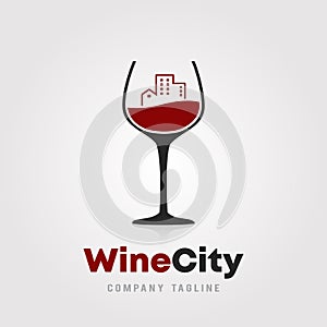 Wine City logo template design. A glass of wine with city building icon on white background vector illustration for wineries, bar