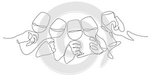 wine clinking celebratory toast concept hands holding and wine glasses in one line drawing