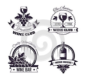 Wine club house logo templates or winemaking bar shop label set.