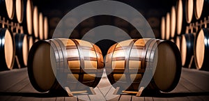 Wine or cognac barrels in the cellar of the winery, Wooden wine barrels in perspective. wine vaults. vintage oak barrels of craft photo