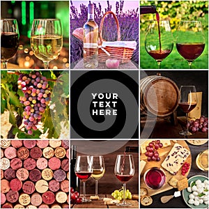 Wine Collage with copy space. Many photos of grapes, wine glasses, barrels etc