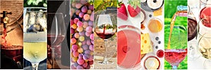 Wine Collage design template. A panorama of many photos of wine glasses, pouring wine, grapes at vineyards, tastings, a design for