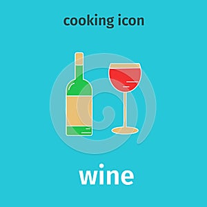 Wine colored icon. Vector bottle and glass. Flat, aperitif, booze