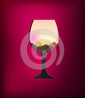 Wine concept, glass of wine looks like window to mountain area with bright sun,