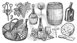 Wine concept. Vintage illustration. Viticulture set. Collection of hand drawn sketches for restaurant menu photo