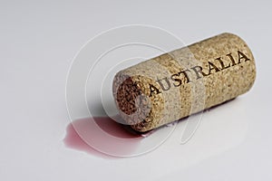 Wine cork isolated on the white. Recording the Country Name Australia photo