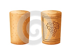 Wine cork stopper, wooden textured cartoon style. Corkwood plug with grape bunch. Vector illustration on white