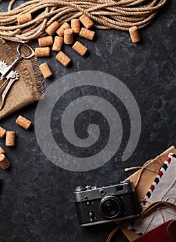 Wine corks, corkscrew, vintage camera