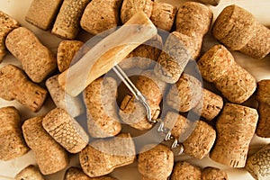 Wine corks and corkscrew on the wooden background.