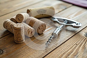 Wine Corks and Corkscrew on Wooden Table
