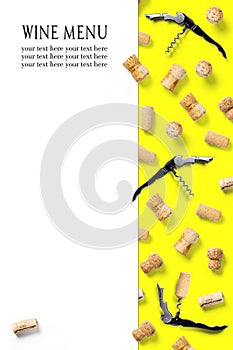 Wine corks creative flat lay layout on a white backlit background. flatlay creative wine set with corks and corkscrew for design