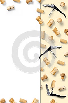 Wine corks creative flat lay layout on a white backlit background. flatlay creative wine set with corks and corkscrew for design