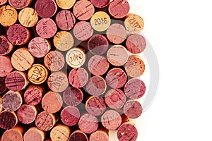 Wine corks, a design template for a restaurant menu, shot from above with copy space