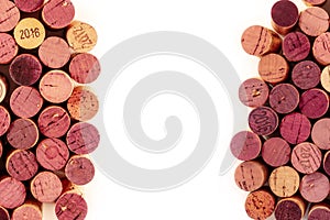 Wine corks frame, a design template for a restaurant menu or tasting invitation, overhead shot with copy space