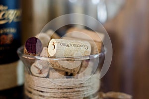 Wine corks in a glass jar