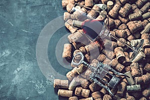 Wine corks grape shape and vine on stone table. Top view with copy space for your text.