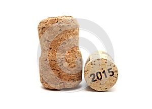 Wine corks isolated on white background closeup with 2015