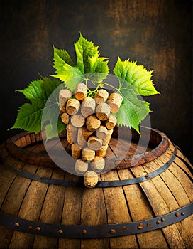 Wine Corks in the Shape of a Bunch of Grapes on a Wooden Barrel - Generative Ai