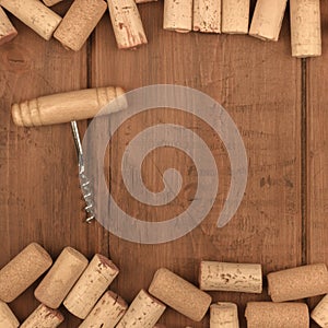 Wine corks and a vintage corkscrew on a dark wooden background with copy space, toned image