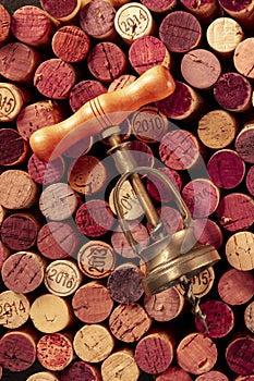 Wine corks with a vintage corkscrew
