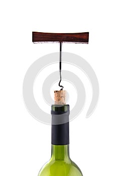 Wine Corkscrew in bottle cork in the neck of the bottle isolated